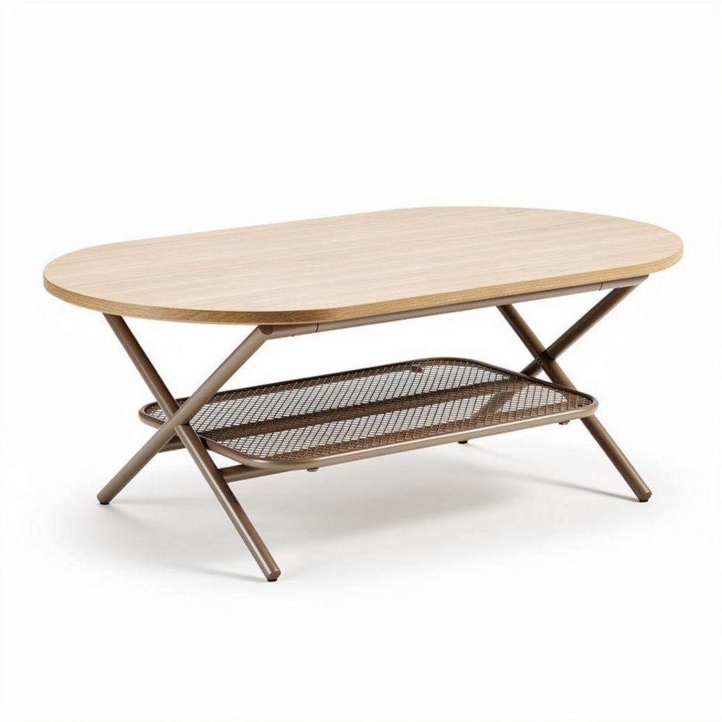 Ovale salontafel van houten blad met metalen onderstel en opbergrek 120 x 60 x 45cm