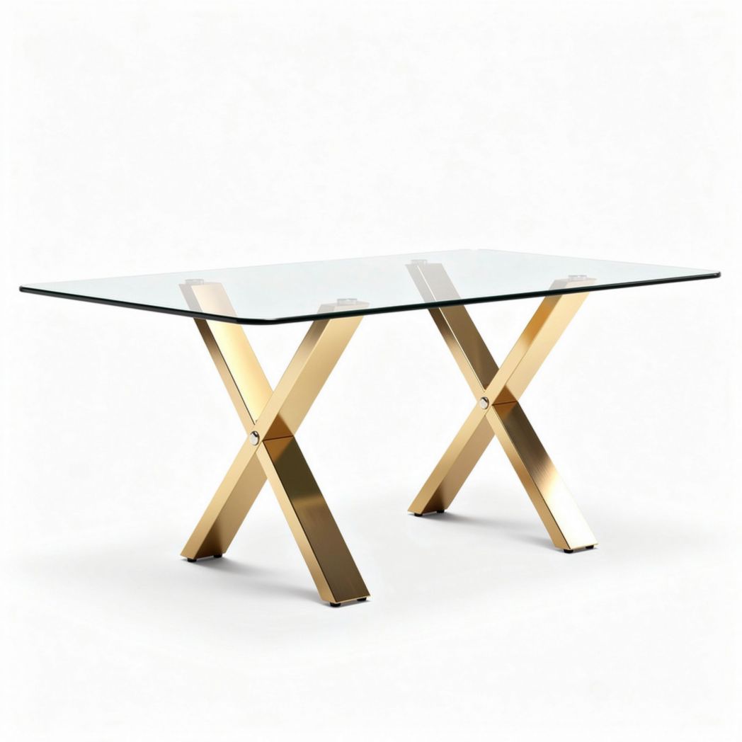 Glazen tafel met gouden X-vormige metalen basis 150 x 75 x 75 cm