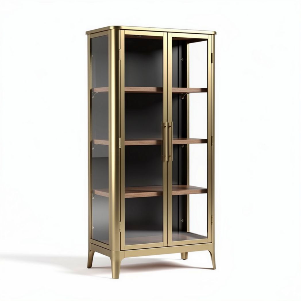 Glazenkast met vijf planken van hout en metalen frame 40 x 30 x 180cm