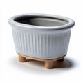 Grijze keramische bloempot met houten standaard 30 x 20 x 15cm