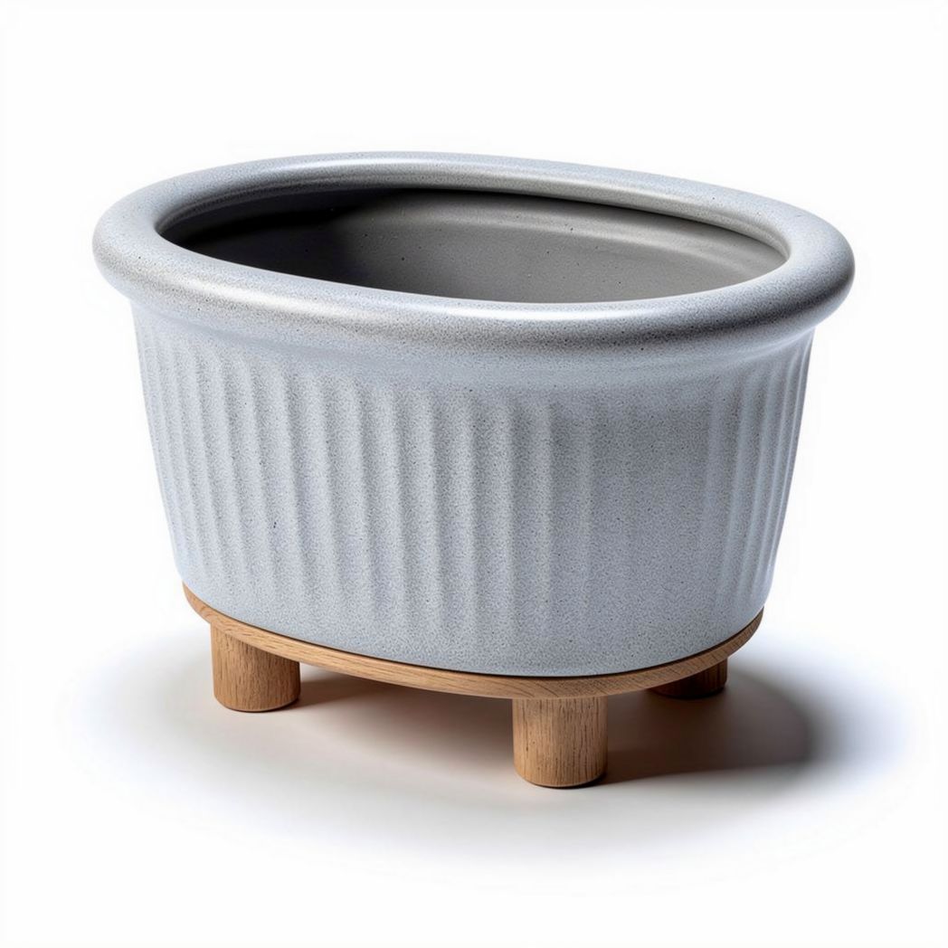Grijze keramische bloempot met houten standaard 30 x 20 x 15cm