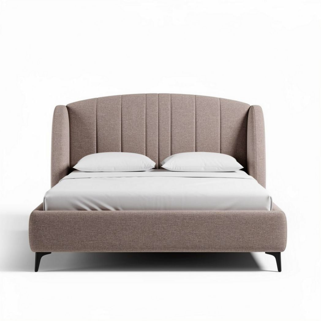 Tweepersoonsbed van stof met hoofdbord 200 x 160 x 100 cm in beige