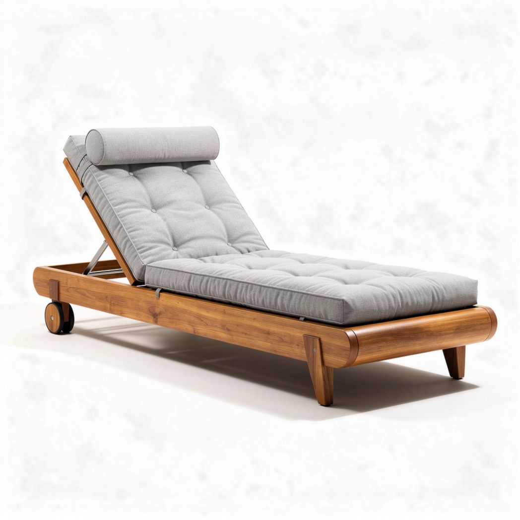 Loungestoel van bamboe met grijze kussens 200 x 80 x 30cm