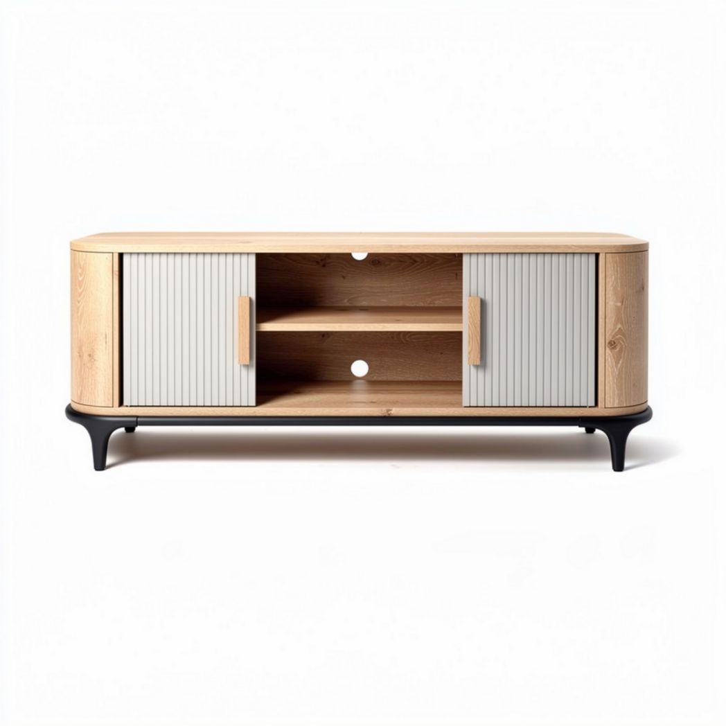TV-meubel van hout met geribbeld deksel en metalen poten 120 x 40 x 45cm