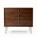 Dressoir van walnootfineer met drie lades en metalen poten 80 x 40 x 75cm